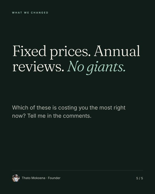 Carousel slide 5: Fixed prices, annual reviews, no giants